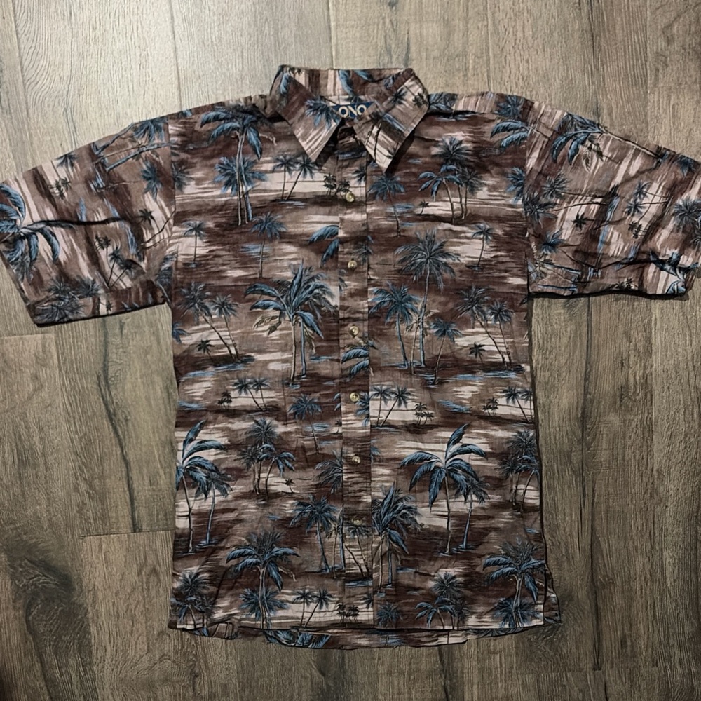 ONO Brown & Blue Palm-Print Short Sleeve Button-Down Shirt